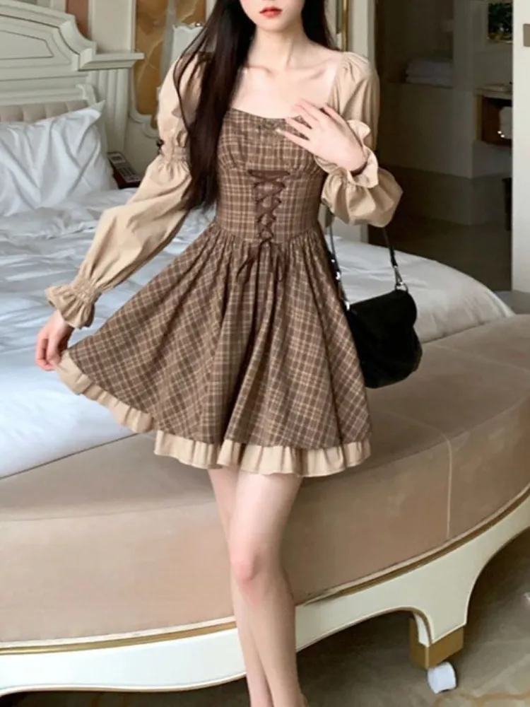 deanwangkt Summer Kawaii Party Lolita Dress Women Causal Long Sleeve Y2k Mini Dress Female Plaid Slim One Piece Dress Korean Chic - Deanwangkt