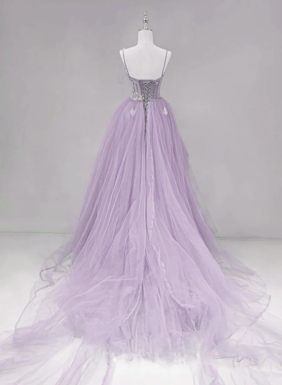 Solvbao Light Purple Tulle Straps Long Formal Dress Evening Dress, A-line Purple Prom Dress - Deanwangkt