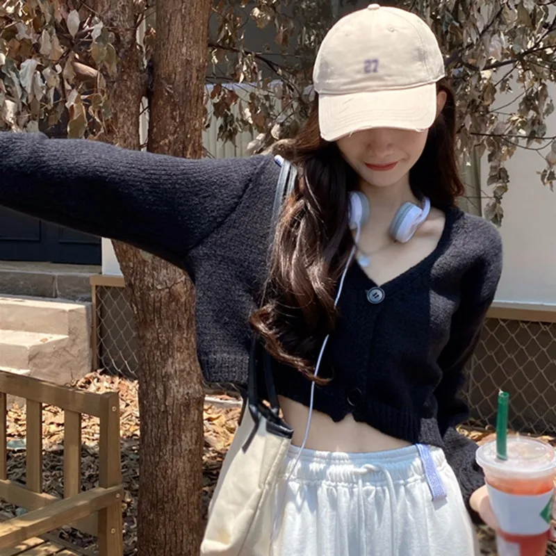 deanwangkt Y2k Women Cardigan Sweater Knitted Cropped Korean Short Long sleeve Crop Top V neck Fashion Clothe - Deanwangkt