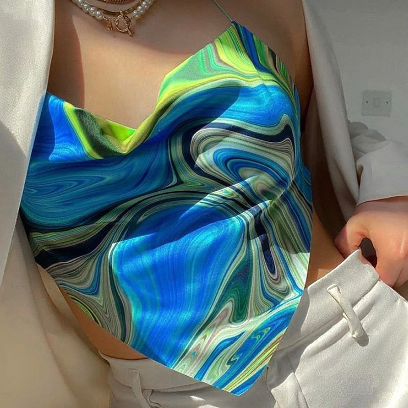 deanwangkt Y2K Bandana Print Halter Tops Women Summer Sleeveless Crop Tops Harajuku Aesthetics Corset Tops Sexy Backless Bandage Camisoles - Deanwangkt