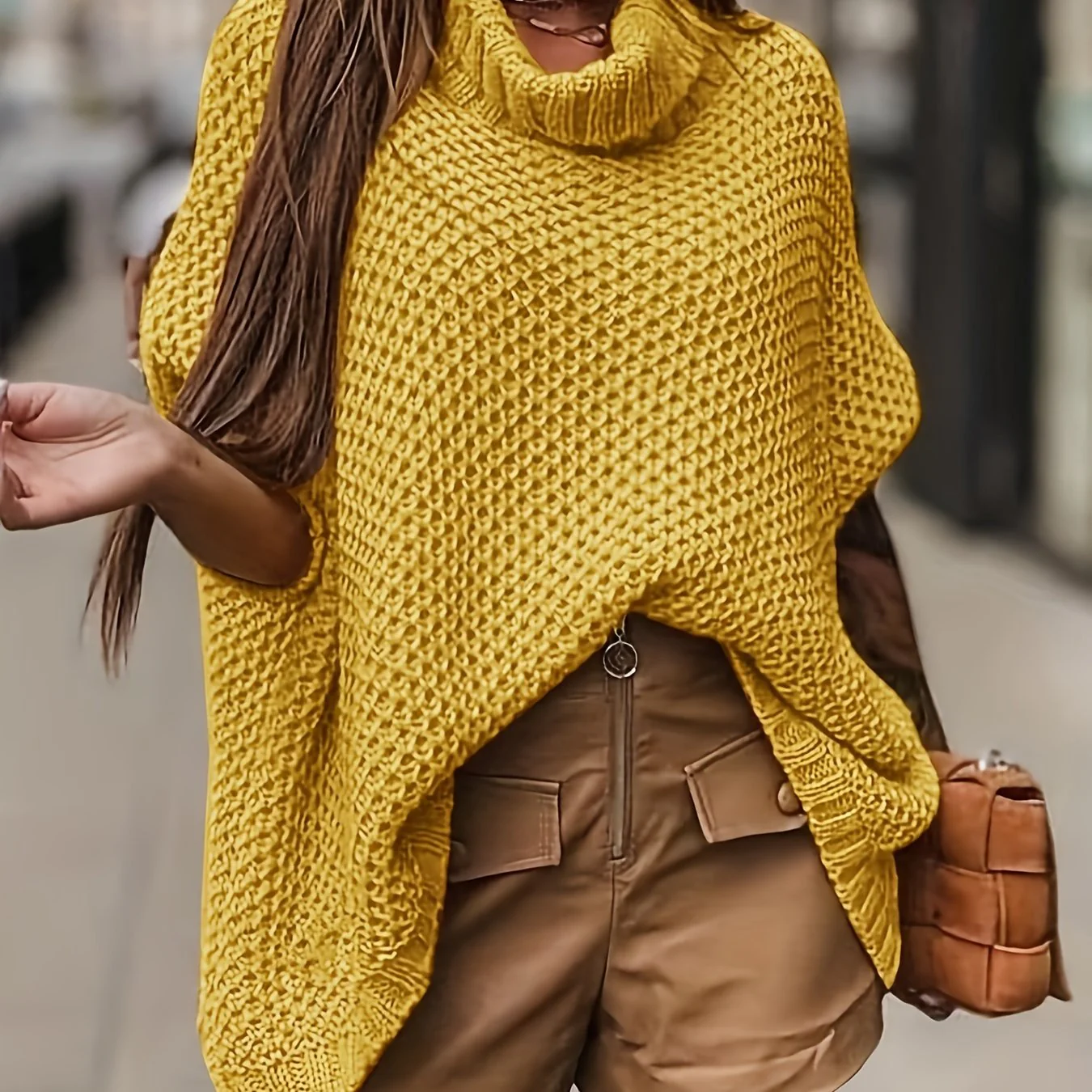 deanwangkt Plus Size Elegant Sweater, Women's Plus Solid Batwing Sleeve Turtleneck High Stretch Loose Jumper - Deanwangkt