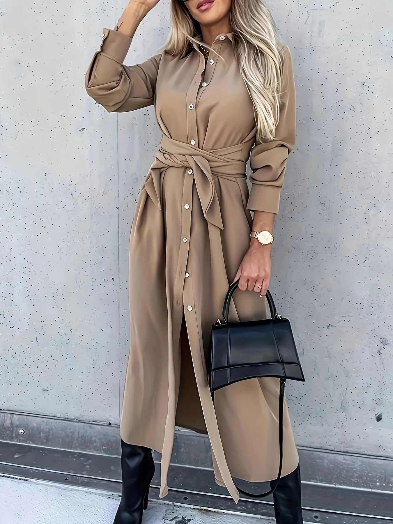 deanwangkt-1  Solid Button Front Dress, Elegant Long Sleeve Belted Lapel Dress, Women's Clothing - Deanwangkt