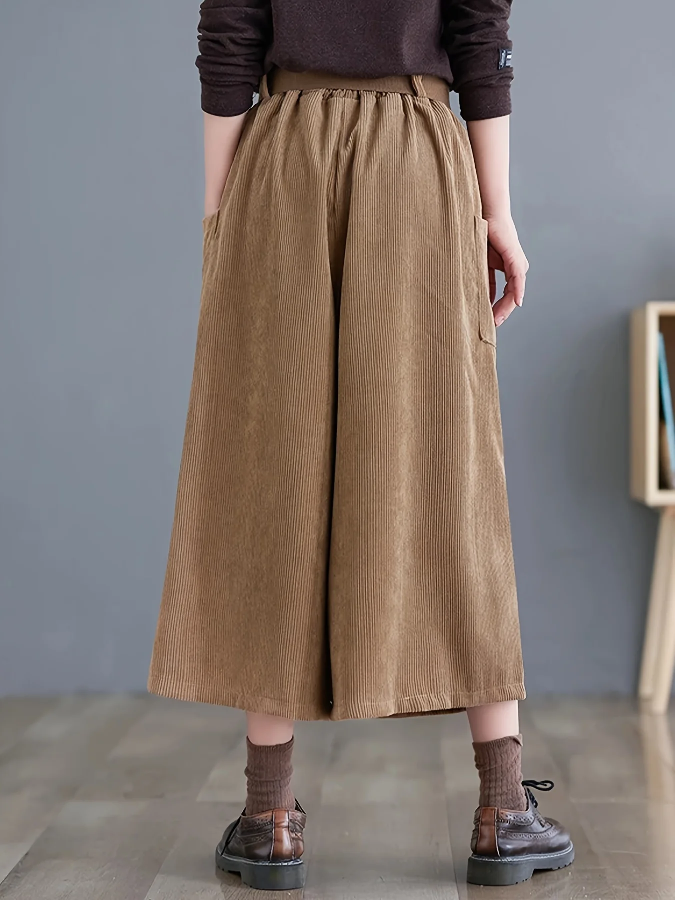 Solid Cropped Wide Leg Pants, Casual Corduroy Pants With Pocket, Women's Clothing - Deanwangkt