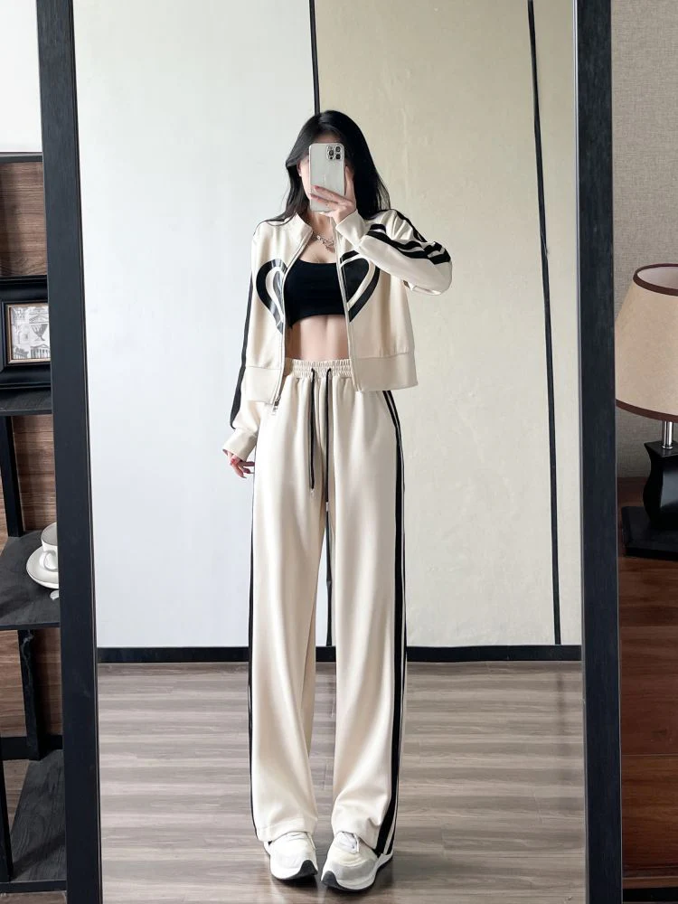 deanwangkt  New Spring and Autumn Zipper Jacket High Waist Wide Leg Pants Two-piece Fashion Casual Loose Long-sleeved Sports Suit Women - Deanwangkt