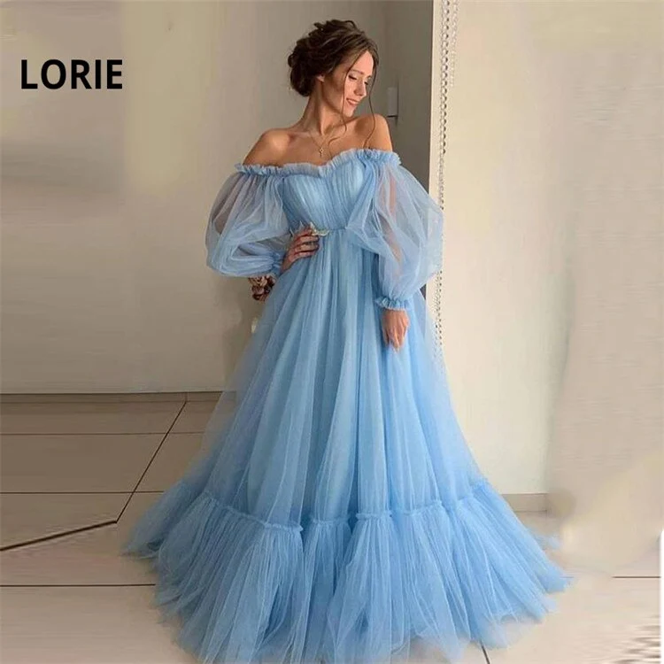 LORIE Blue Prom Dresses Long Sleeve Off the Shoulder Princess Dress  Tulle Lace-up Formal Evening Party Dresses Plus Size - Deanwangkt