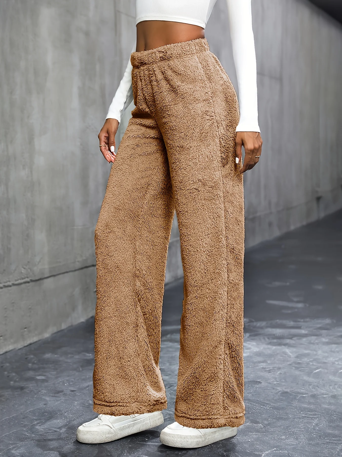 deanwangkt-1 Solid Plush Straight Leg Pants, Casual High Waist Pants, Women's Clothing - Deanwangkt