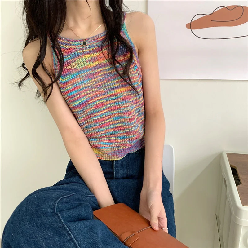 deanwangkt Colorful Striped Summer Tanks Tops Women Korean Rainbow Sleeveless Shirts Top O-Neck Slim Knitted Top Slim Sexy Streetwear - Deanwangkt