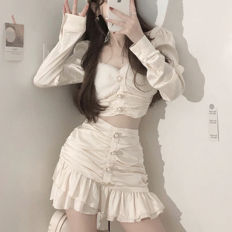 Fall Korean Sweet Two Piece Set Women Sexy Mink Velvet Patchwork Crop Top + Bodycon Skirts Sets Super-Short Shirt 2 Piece Suits  Fairy Dress - Deanwangkt