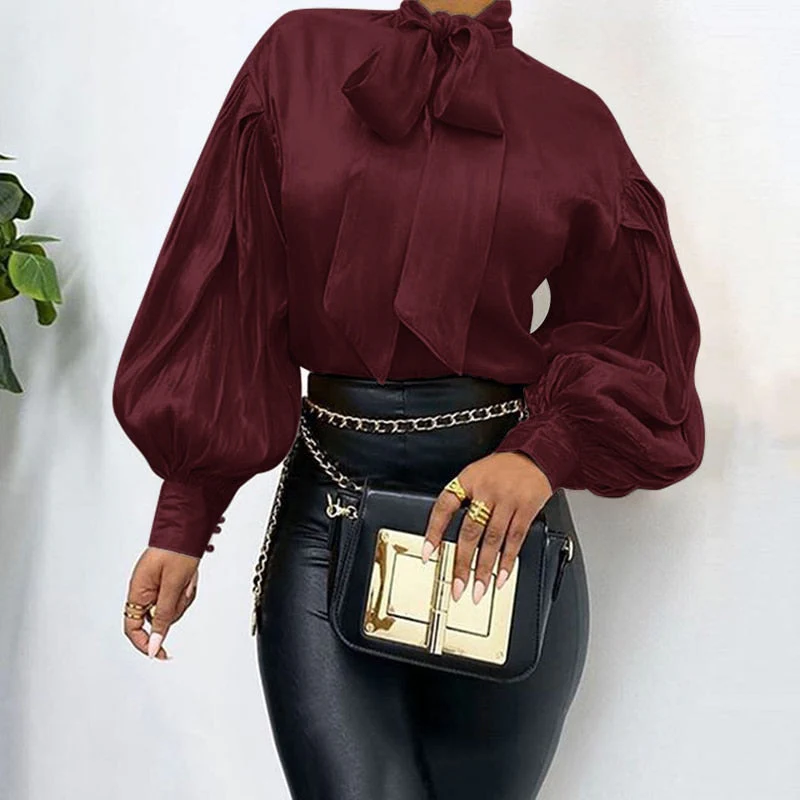 Elegant Office Women Puff Sleeve Blouses Bow Collar Solid Shirts  Fashion Casual Loose Tunic Tops Party Blusas Femme - Deanwangkt