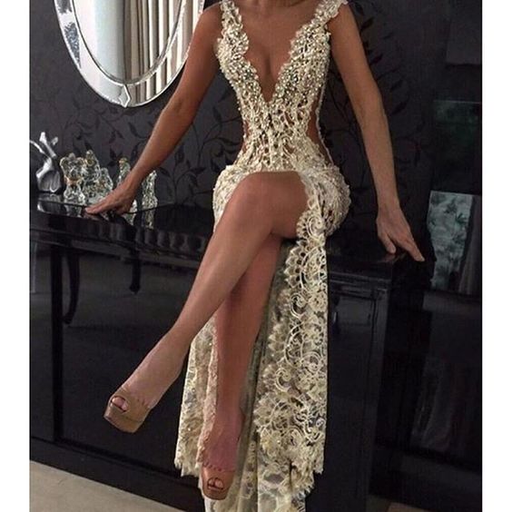 Sexy Prom Dress Sheath Deep V-neck Lace Pearls Slit Long Prom Gown Evening Dresses Robe De Soiree - Deanwangkt