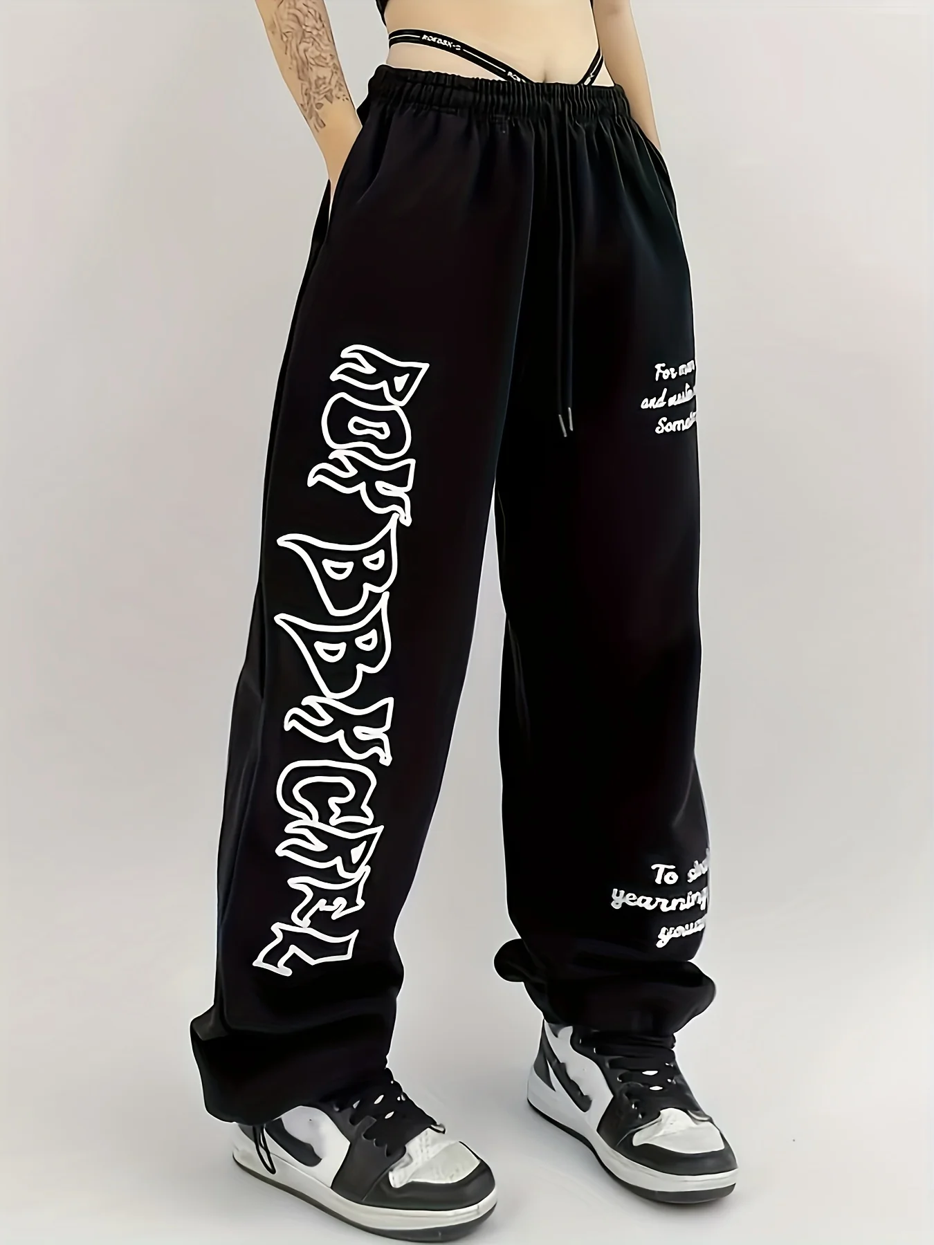 deanwangkt-1  Letter Print Casual Sporty Pants, Loose Fit Drawstring Elastic Waist Sports Trousers, Women's Activewear - Deanwangkt