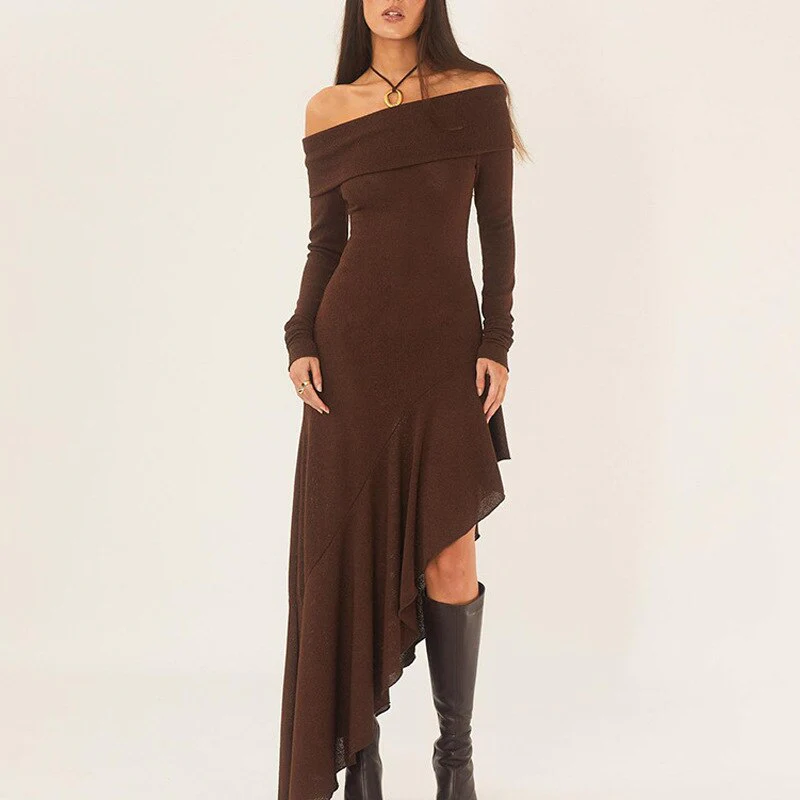 Joskka  Off Shoulder Dress Women Elegant Stylish Slash Neck Long Dresses Ladies Irregular Side Split Ruffles Bodycon Patry Dresses Fall Outfits - Deanwangkt