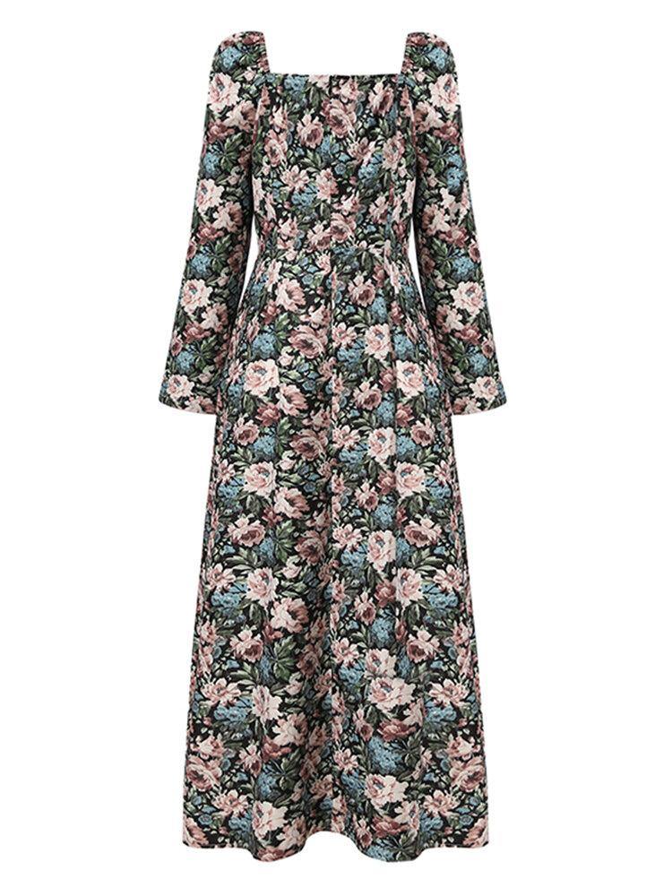 deanwangkt Women Floral Print Square Neck High Split Long Sleeve Slim Midi Dress - Deanwangkt