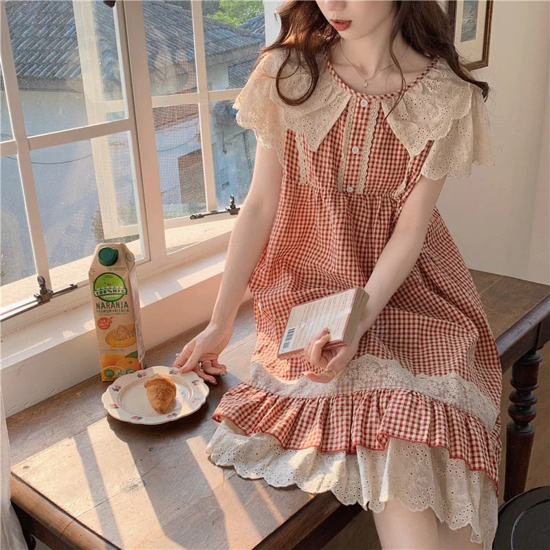deanwangkt Plaid Retro Elegant Casual NightDress Soft Ruffles Sweet Simple Summer O-Neck Princess Long Sleepwear Cotton Lace Short sleeve - Deanwangkt