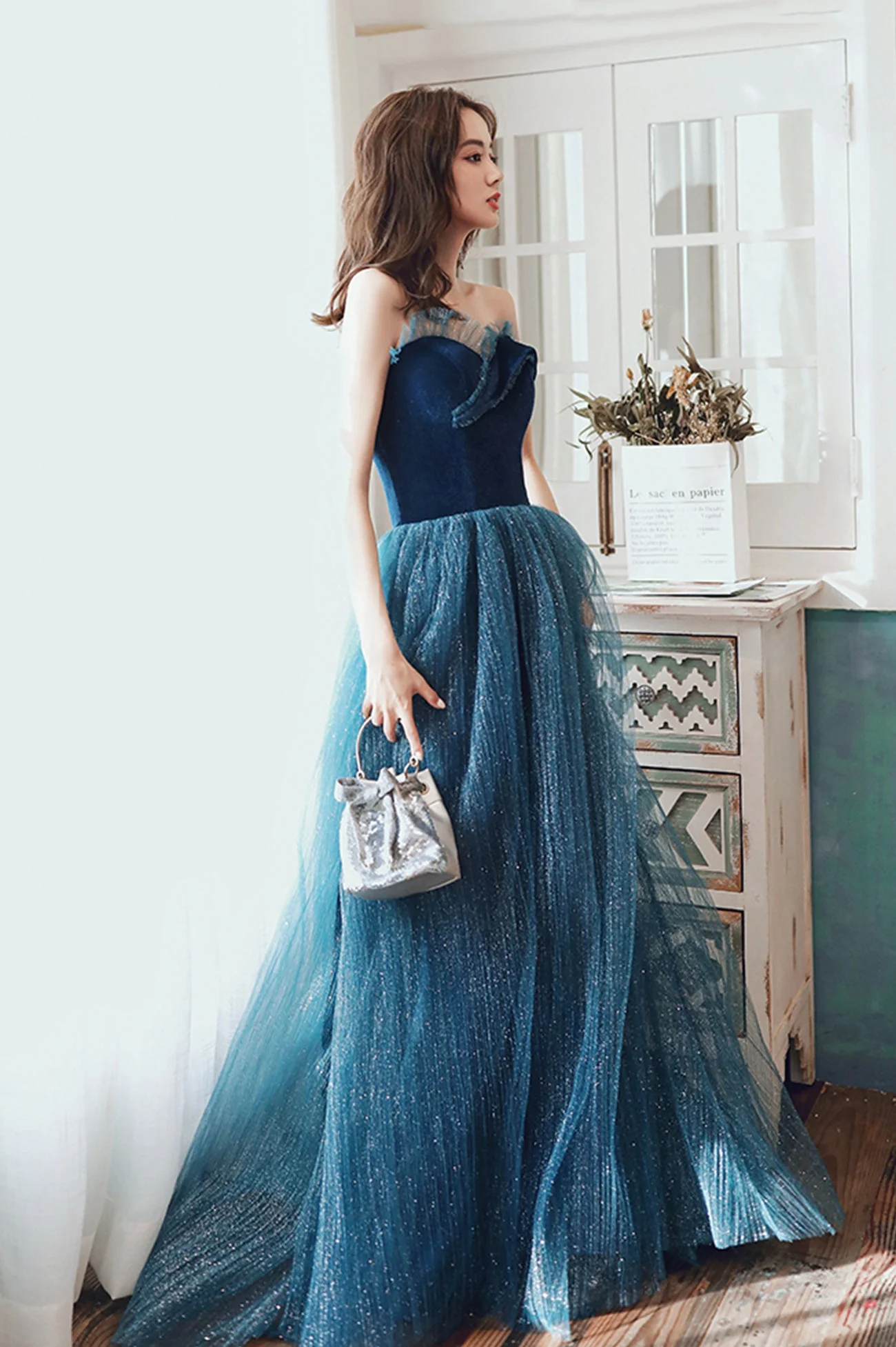 solvbao Blue Velvet Tulle Long Formal Evening Dresses, A-Line Graduation Dresses - Deanwangkt