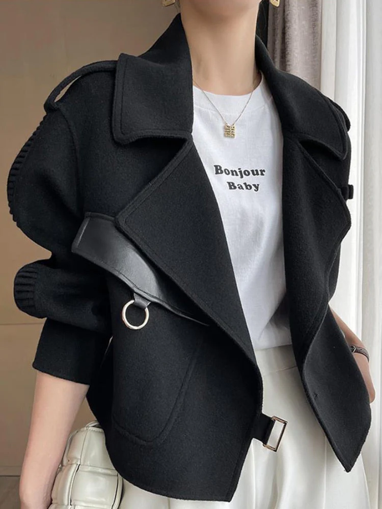 deanwangkt Women's Autumn Coat  Pockets Solid Loose Short Jackets Ladies Wool & Blends High Street Spring Woolen Coats for Women - Deanwangkt