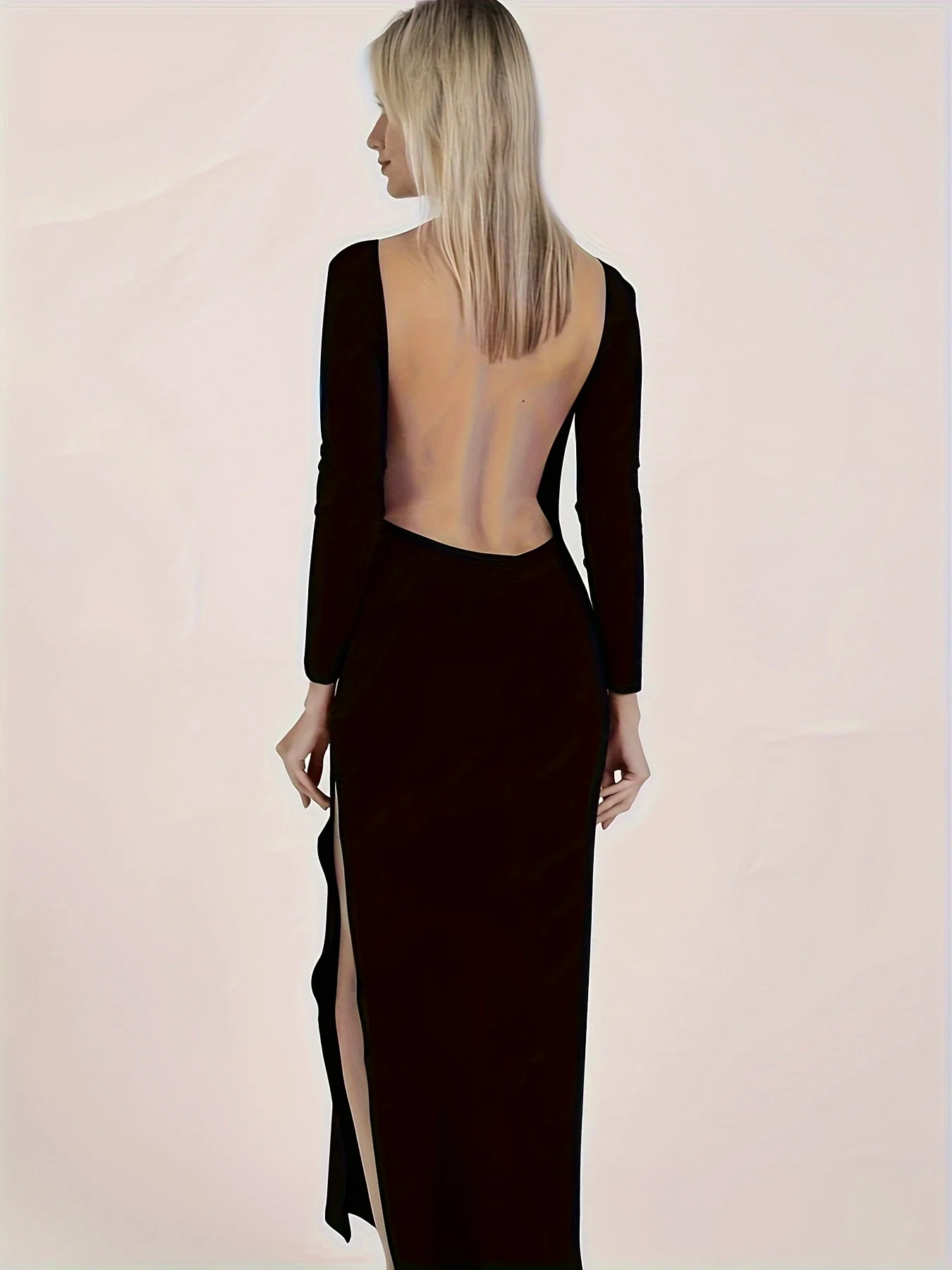 Solid Backless Split Hem Dress, Stylish Crew Neck Long Sleeve Dress For Club & Party, Women's Clothing - Deanwangkt