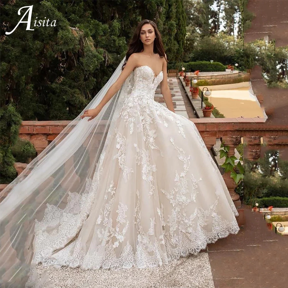 Luxury A Line Wedding Dresses  Elegant Strapless Lace Appliques Bride Dress Sleeveless Tulle Bridal Gowns Vestidos De Novia - Deanwangkt