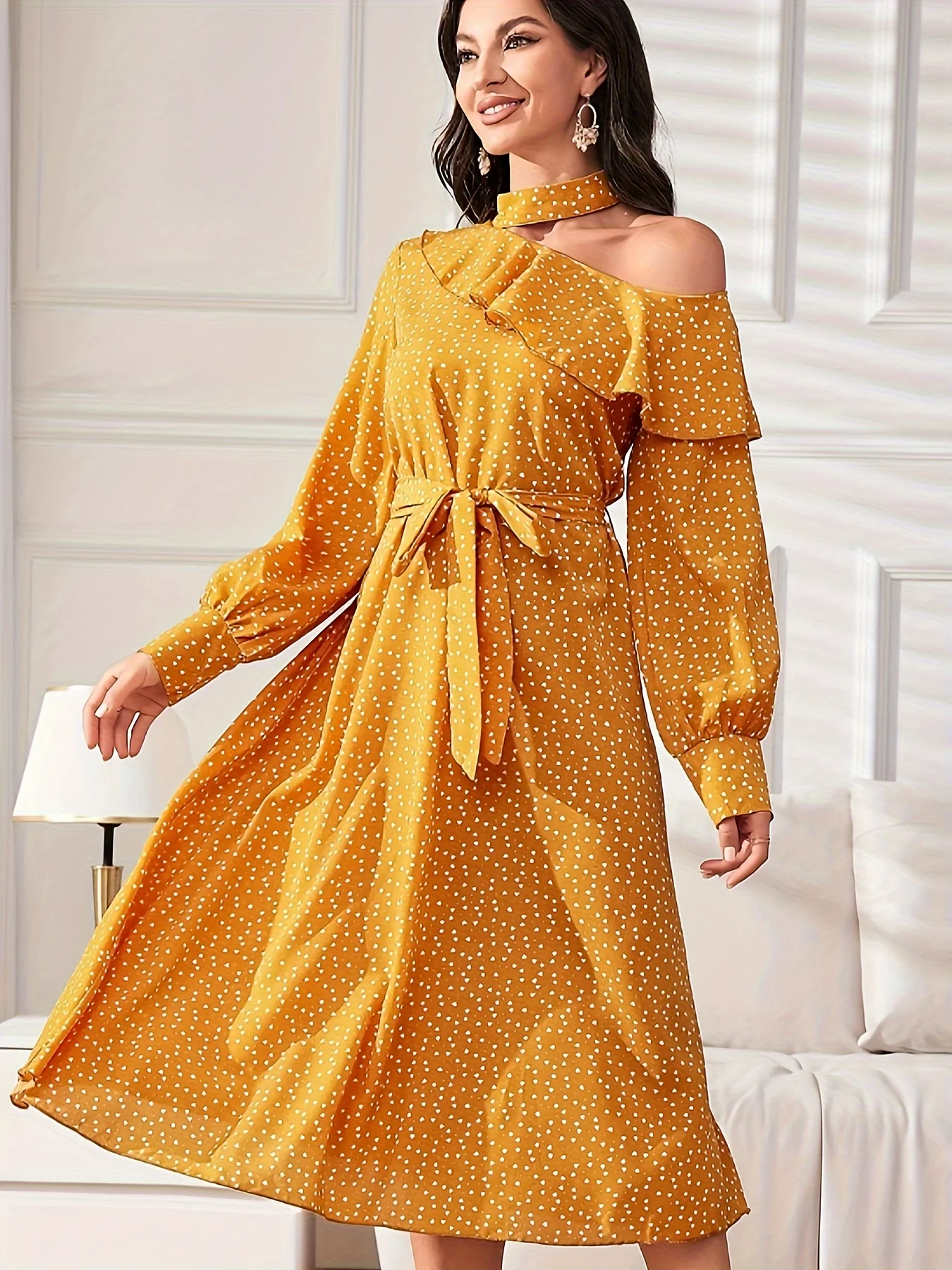 All Over Print One Shoulder Dress, Elegant Long Sleeve Belted Dress, Women's Clothing - Deanwangkt