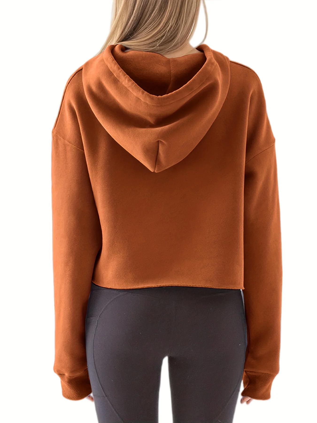 Solid Crop Drawstring Hoodie, Casual Long Sleeve Loose Sweatshirt, Women's Clothing - Deanwangkt