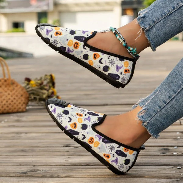deanwangkt - Halloween Cream White Casual Patchwork Printing Round Comfortable Flats Shoes - Deanwangkt