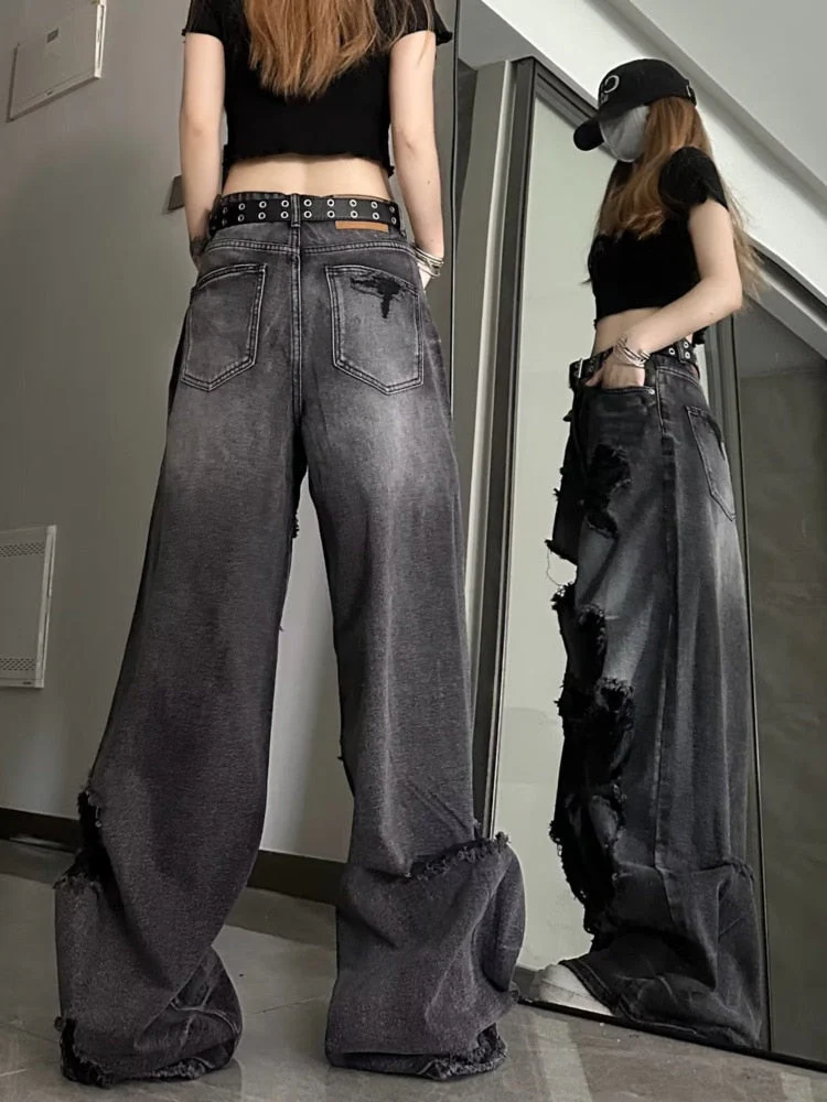 deanwangkt Niche Design Jeans, High Street Heavy Industry Wide Leg Pants, High-end Floor Length Pants, Trendy Brand Women's Jeans - Deanwangkt