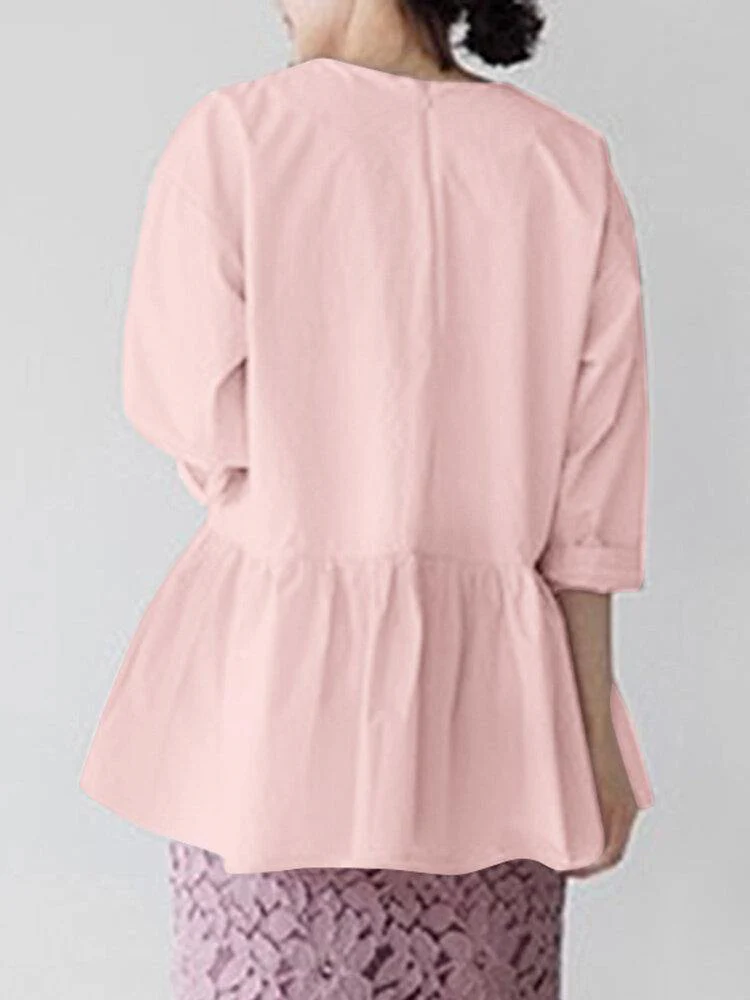 deanwangkt O-Neck Pleated Back Zipper Solid Blouse For Women - Deanwangkt