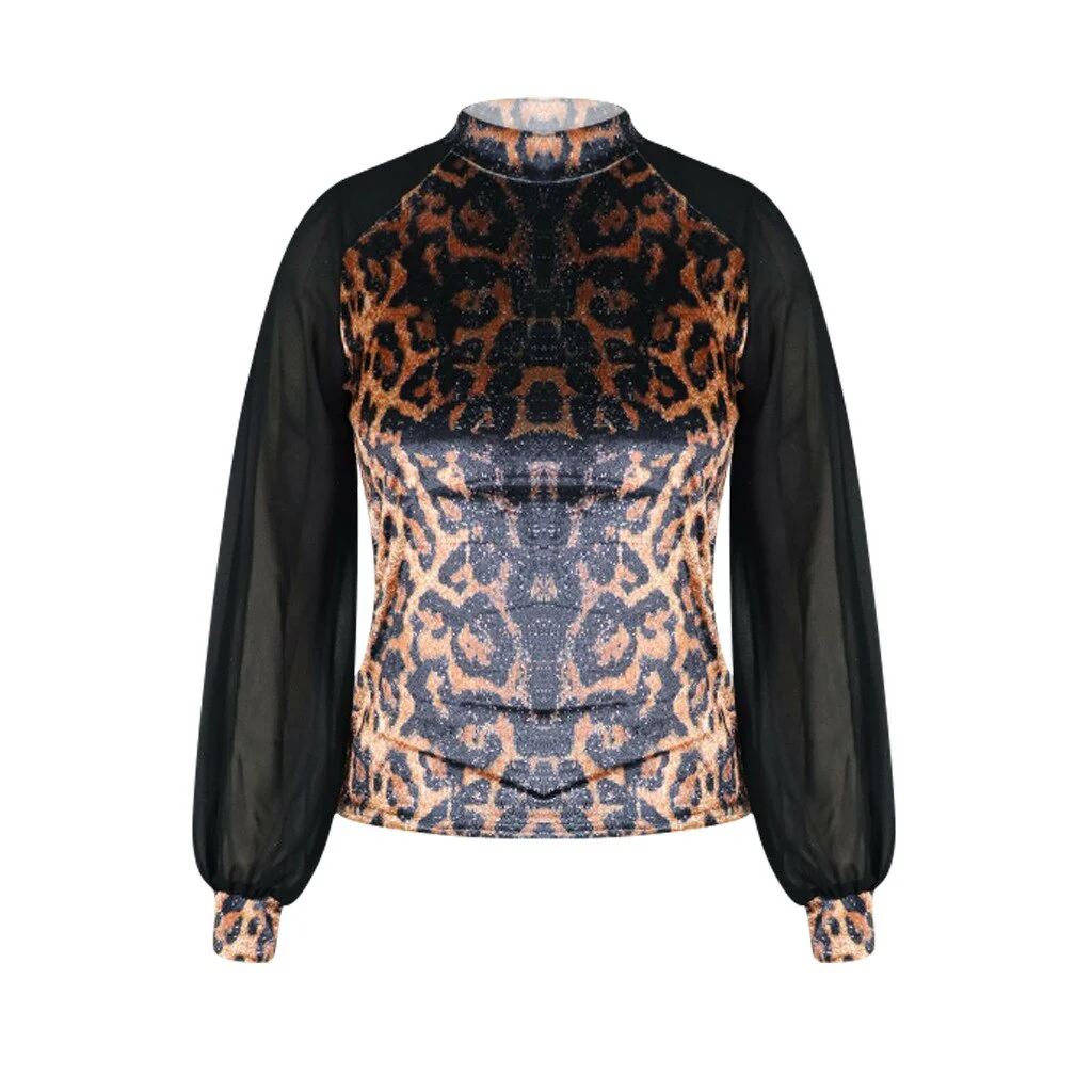 deanwangkt Women Elegant Leopard Mesh Long Sleeve Casual Blouse - Deanwangkt