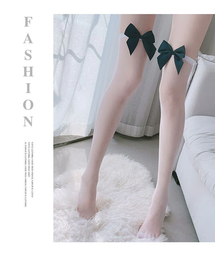 deanwangkt Fashion Pink Legs Socks for Women Cosplay Cute Bow Sexy White Black Mesh Fishnet Transparent Thigh High Stockings Long Knee Sock - Deanwangkt