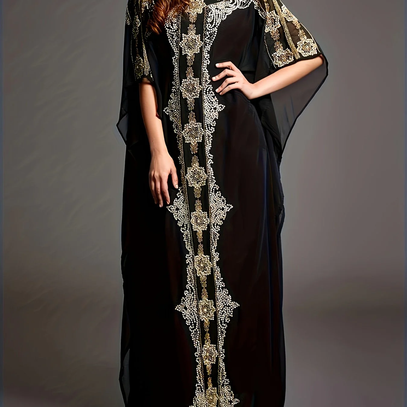 Contrast Trim Batwing Sleeve Kaftan Dress, Elegant Maxi Length Crew Neck Dress, Women's Clothing - Deanwangkt