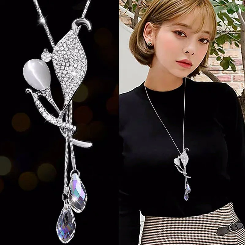 DEANWANGKT Fashion Long Chain Sweater Necklaces & Pendants for Women Blue Opal Rhinestone Flower Pendant Necklace Female Jewelry - Deanwangkt