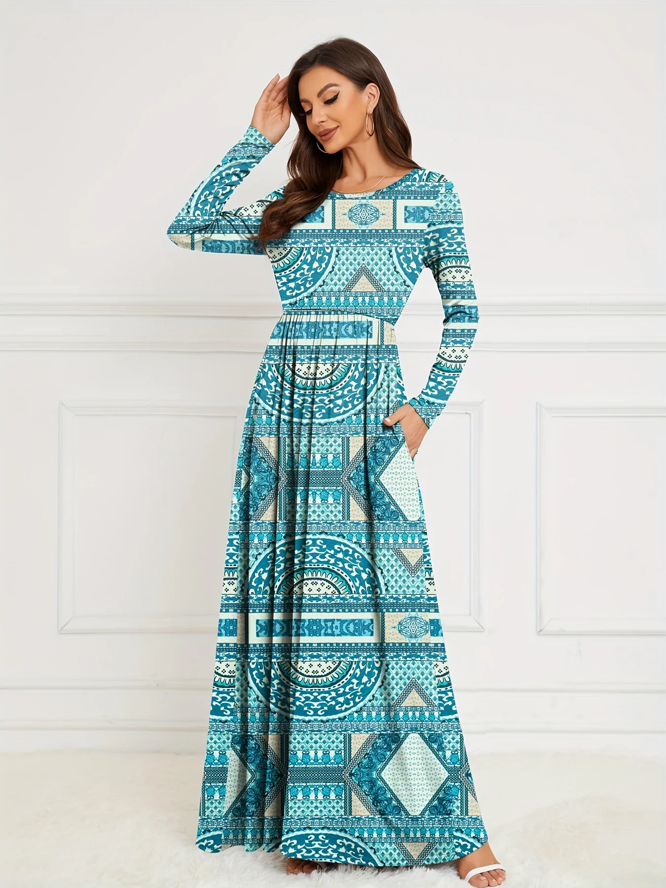 Geometric Print Crew Neck Dress, Elegant Long Sleeve Pleated Maxi Dress, Women's Clothing - Deanwangkt