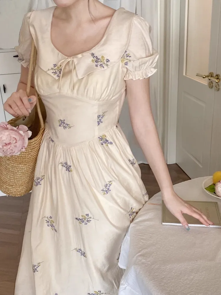 Joskka  Summer French Elegant Floral Midi Dress Women Short Sleeve Casual Vintage Dress Beach Chiffon Korean Fashion Dress Casual - Deanwangkt