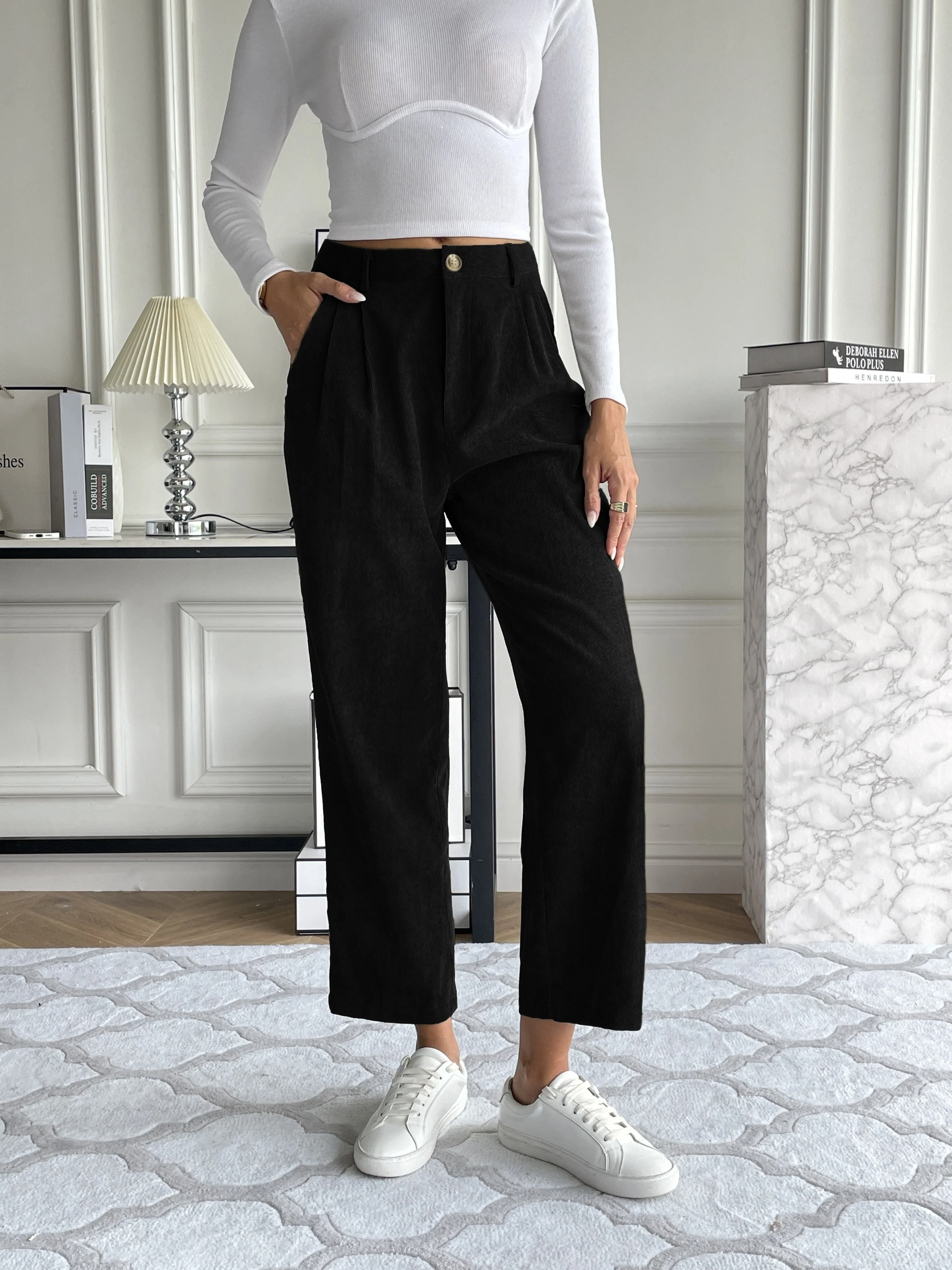 deanwangkt-1  Corduroy Pocket Straight Leg Pants, Casual Loose High Waist Pants, Women's Clothing - Deanwangkt