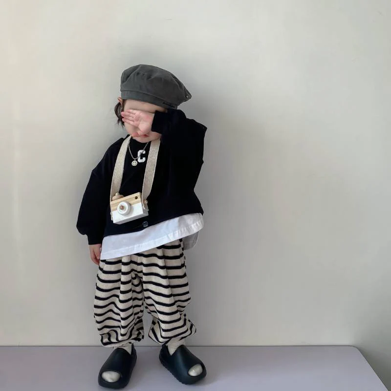 deanwangkt Children's Sets Spring Autumn Kids Sweater Striped Pants For Boys Girls' Sweater Korean Children's Loose Pullover Sweater - Deanwangkt
