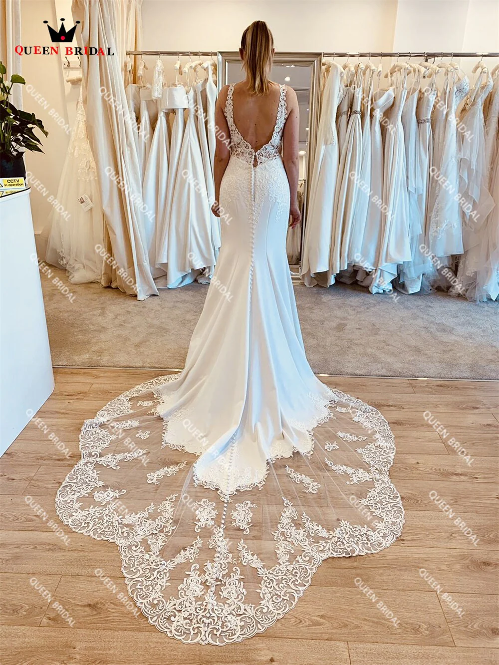 Simple Wedding Dresses Mermaid V-neck Open Back Satin Tulle Lace Appliques Elegant Sexy Bride Dress Custom Made DE47 - Deanwangkt