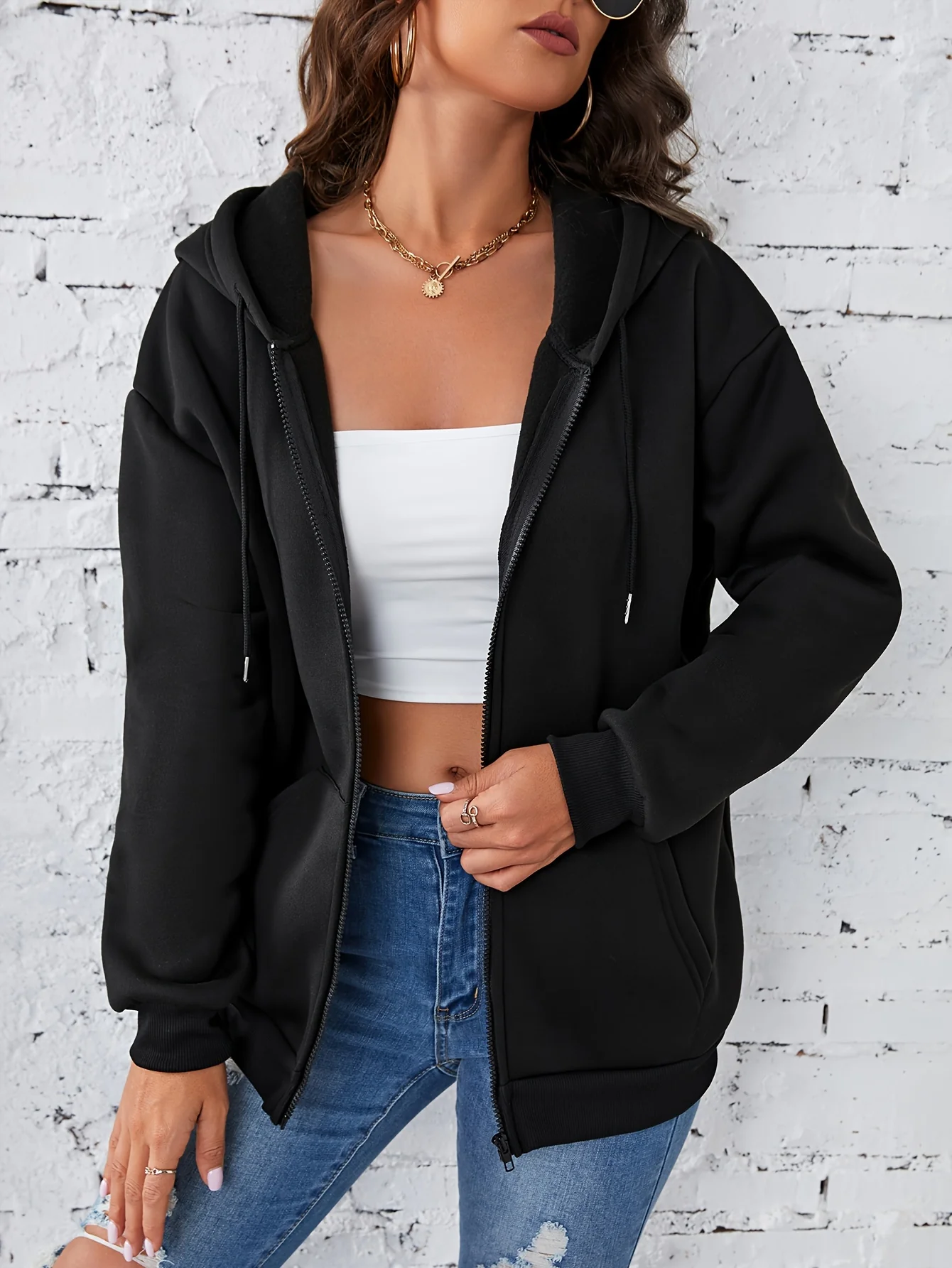 deanwangkt-1  Plain Long Sleeves Hooded Sweatshirt Jacket, Full Zipper Long Sleeves Fleece Liner Sporty Coat, Women's Activewear - Deanwangkt