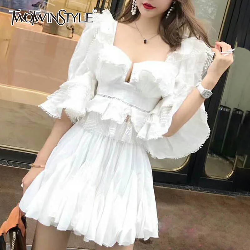 deanwangkt Ruffle Lace Blouse Women White Shirt  Autumn Sexy Ladies Square Neck Tops Puff Sleeve Korean Fashion Clothing - Deanwangkt