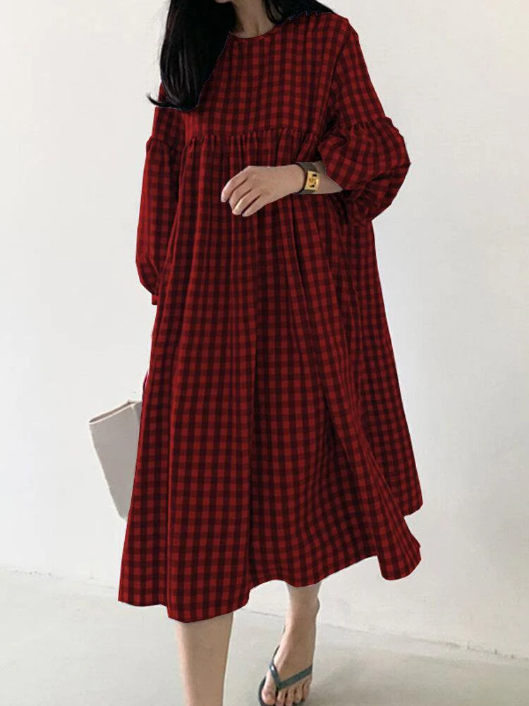 deanwangkt Women's Casual Plaid Midi Dress with Bohemian Puff Sleeves - Deanwangkt