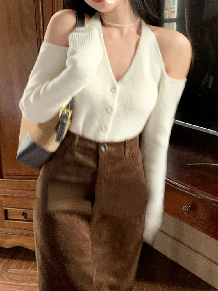 deanwangkt Spring Elegant Halter V Neck Kint Sweater Women Vintage Pullover Casual Long Sleeve Y2k Crop Tops Female Korean Blouse Chic - Deanwangkt