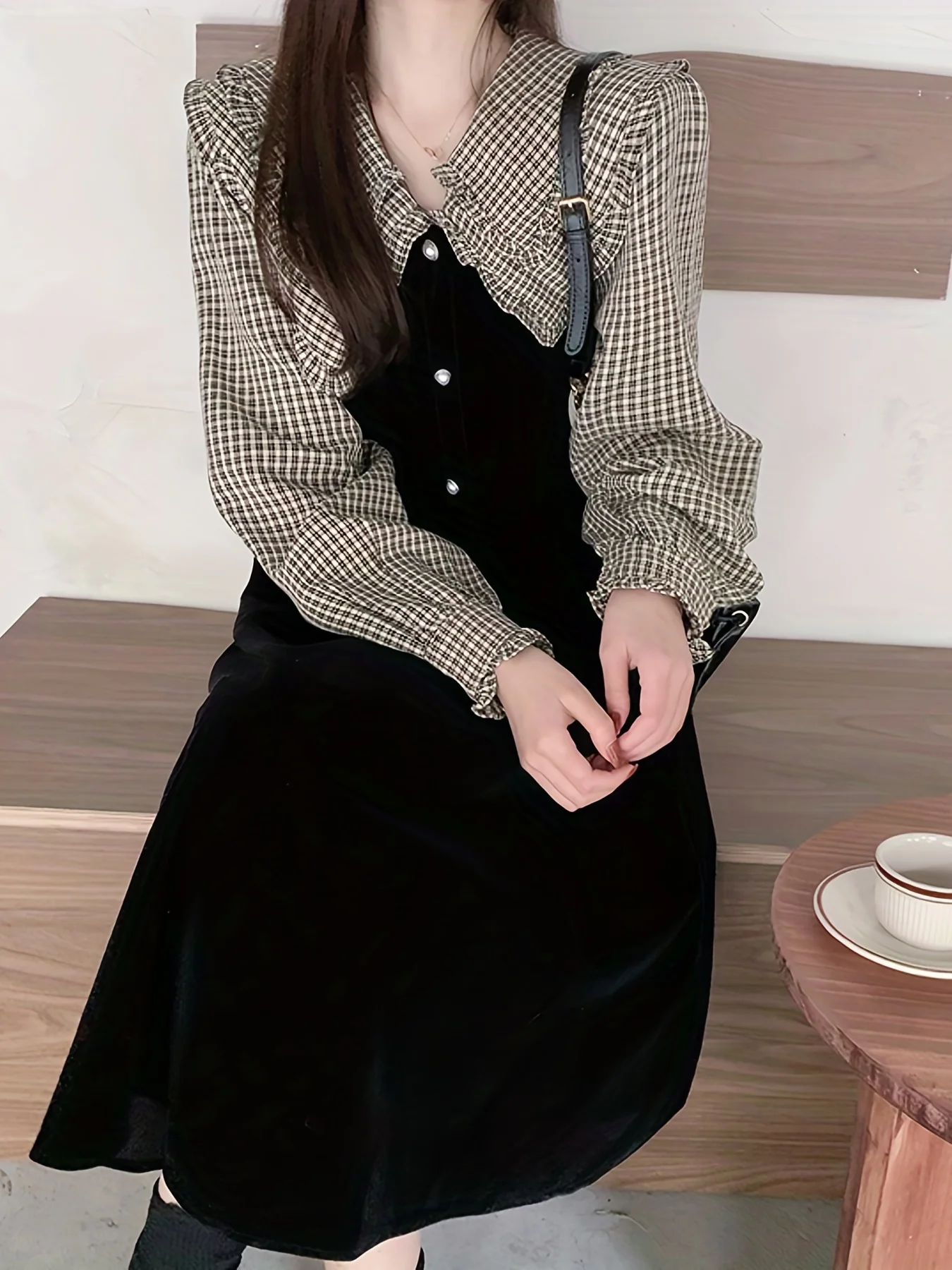 deanwangkt-1  Plaid Print Splicing Dress, Elegant V Neck Long Sleeve Midi Dress, Women's Clothing - Deanwangkt