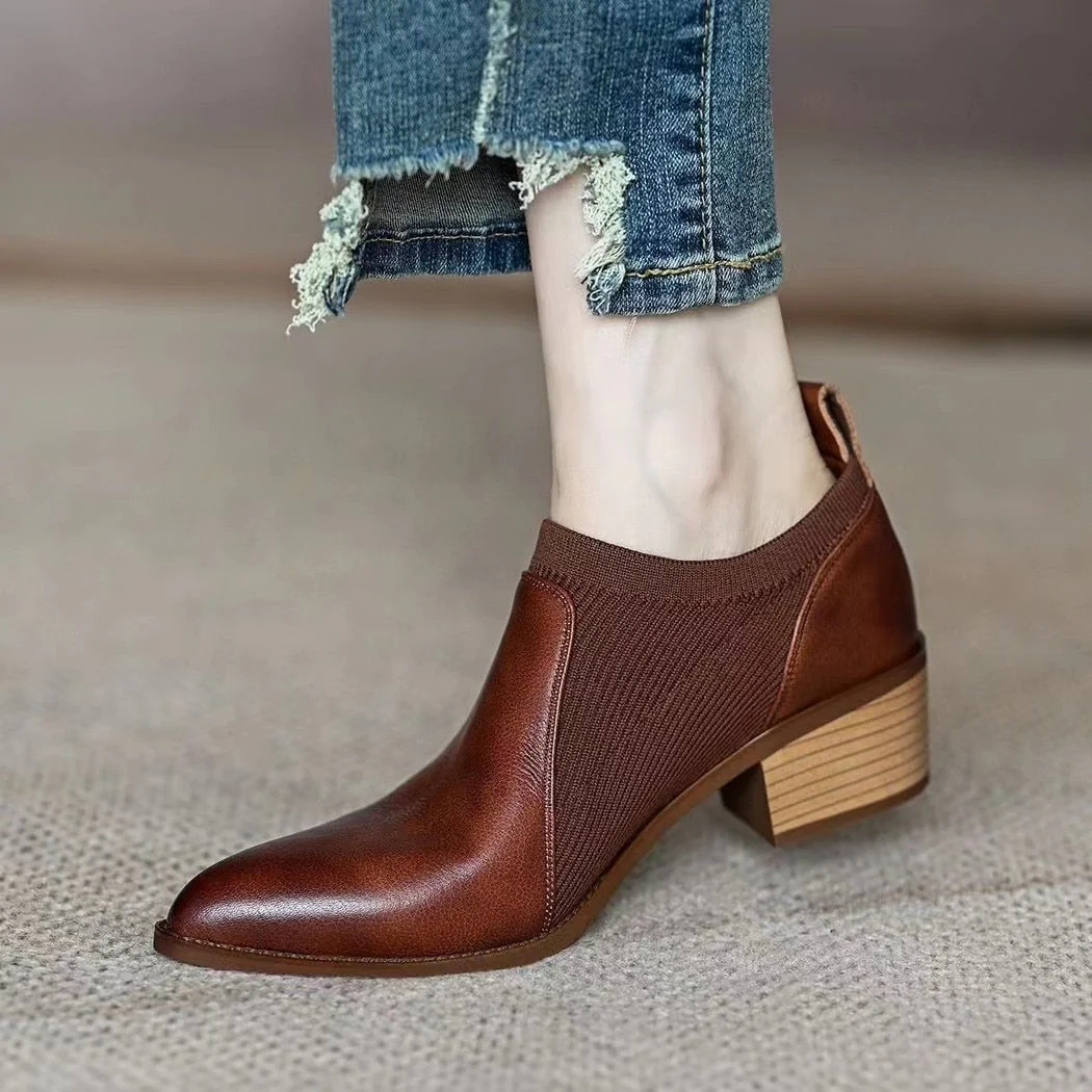 deanwangkt Autumn New Soft Work Shoes,Women Mid Heels,Stretch,Pointed Toe,Slip On British Style - Deanwangkt