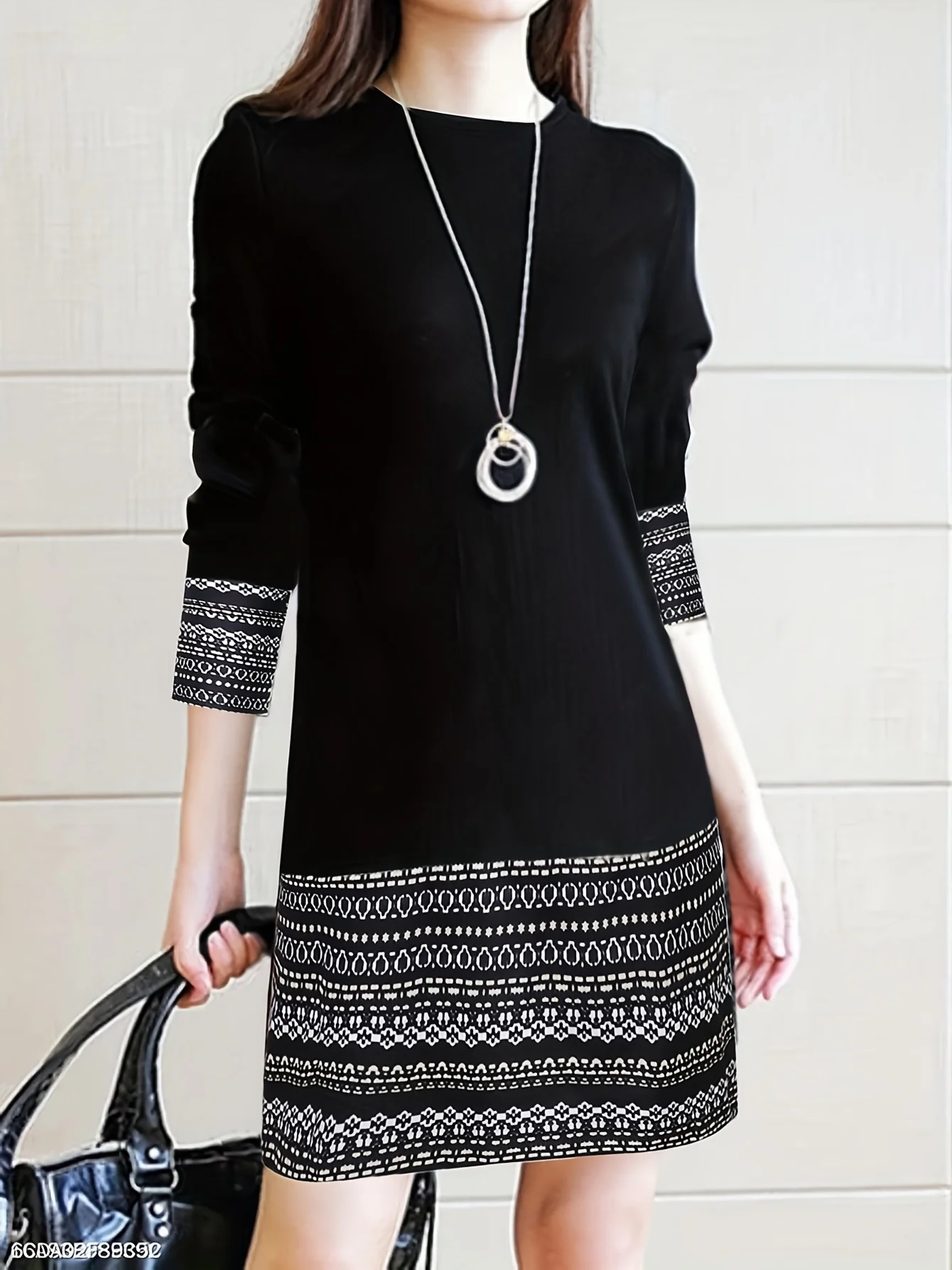 deanwangkt-1 Tribal Print Versatile Dress, Casual Crew Neck Long Sleeve Dress, Women's Clothing - Deanwangkt