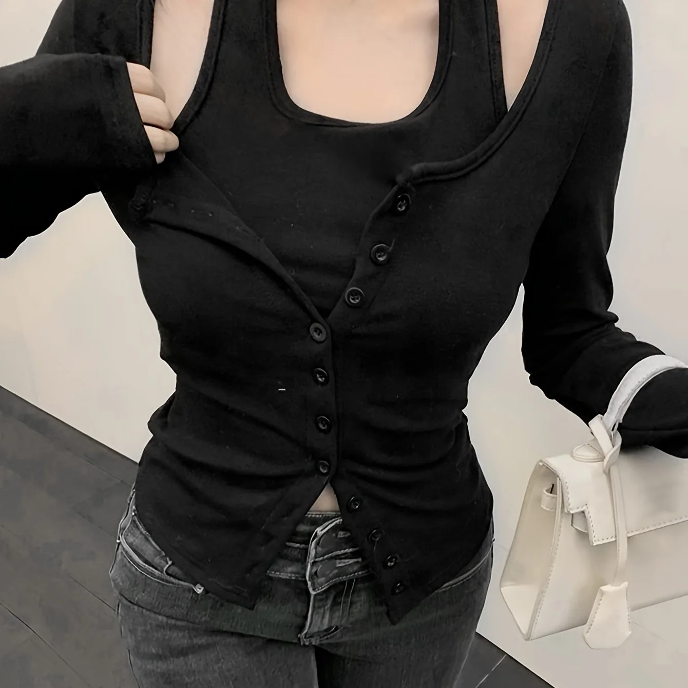 deanwangkt  Faux Twinset Halter Neck Top, Casual Long Sleeve Button Top For Spring & Fall, Women's Clothing - Deanwangkt