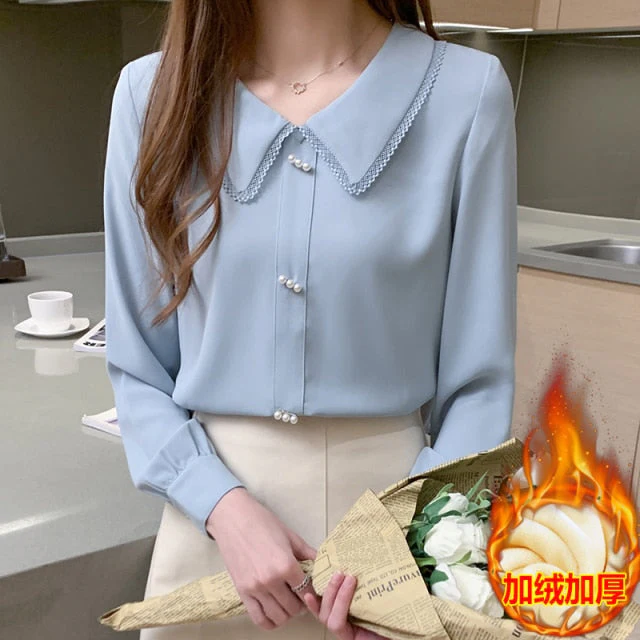 deanwangkt  fall women's chiffon shirt sweet lace trim peter pan collar blouse long sleeve blusas mujer ladies elegant plus size tops - Deanwangkt