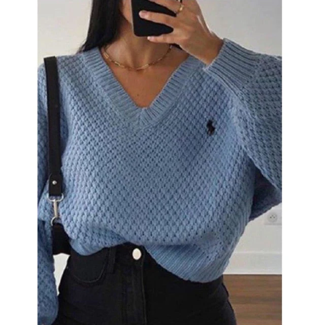 deanwangkt Knitted Loose Women Sweater Solid Casual V Neck Long Sleeve Pullover Sweaters  Autumn Winter Embroidery Sweater Oversize Top - Deanwangkt