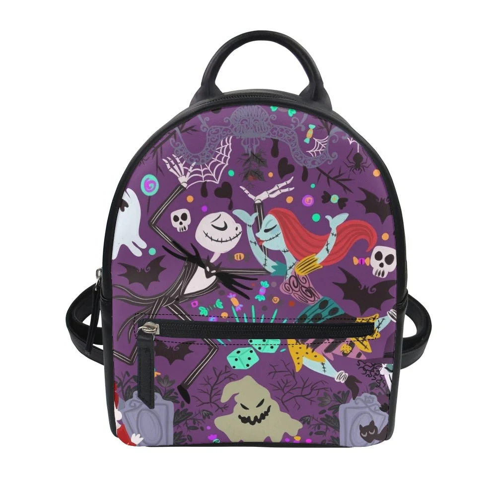 deanwangkt  Nightmare Before Christmas Print Women's Backpack Trend PU Leather Women's Waterproof  Daily Backbags - Deanwangkt