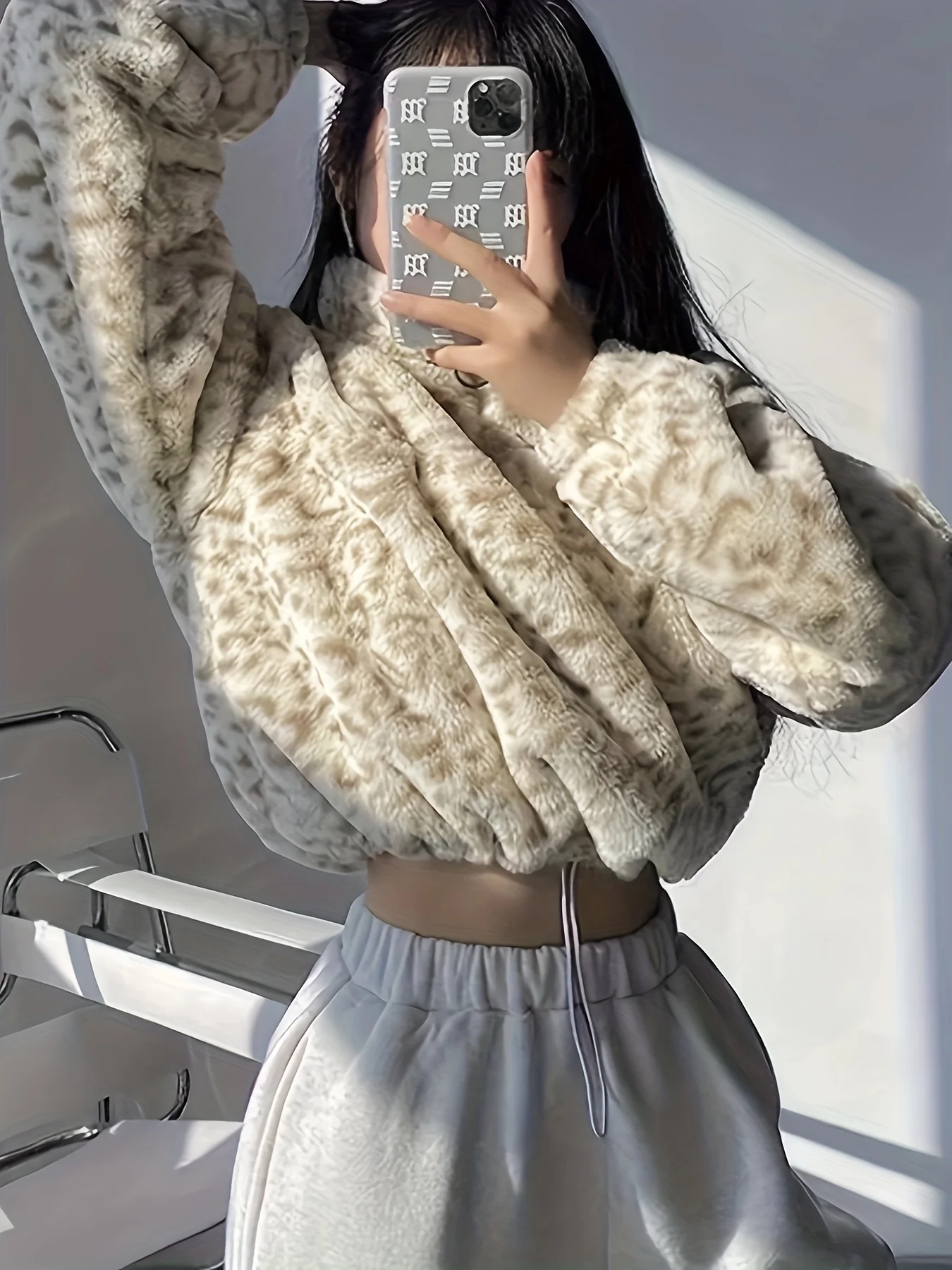 Leopard Plush Half Zipper Coat, Casual Long Sleeve Drawstring Crop Coat, Women's Clothing - Deanwangkt