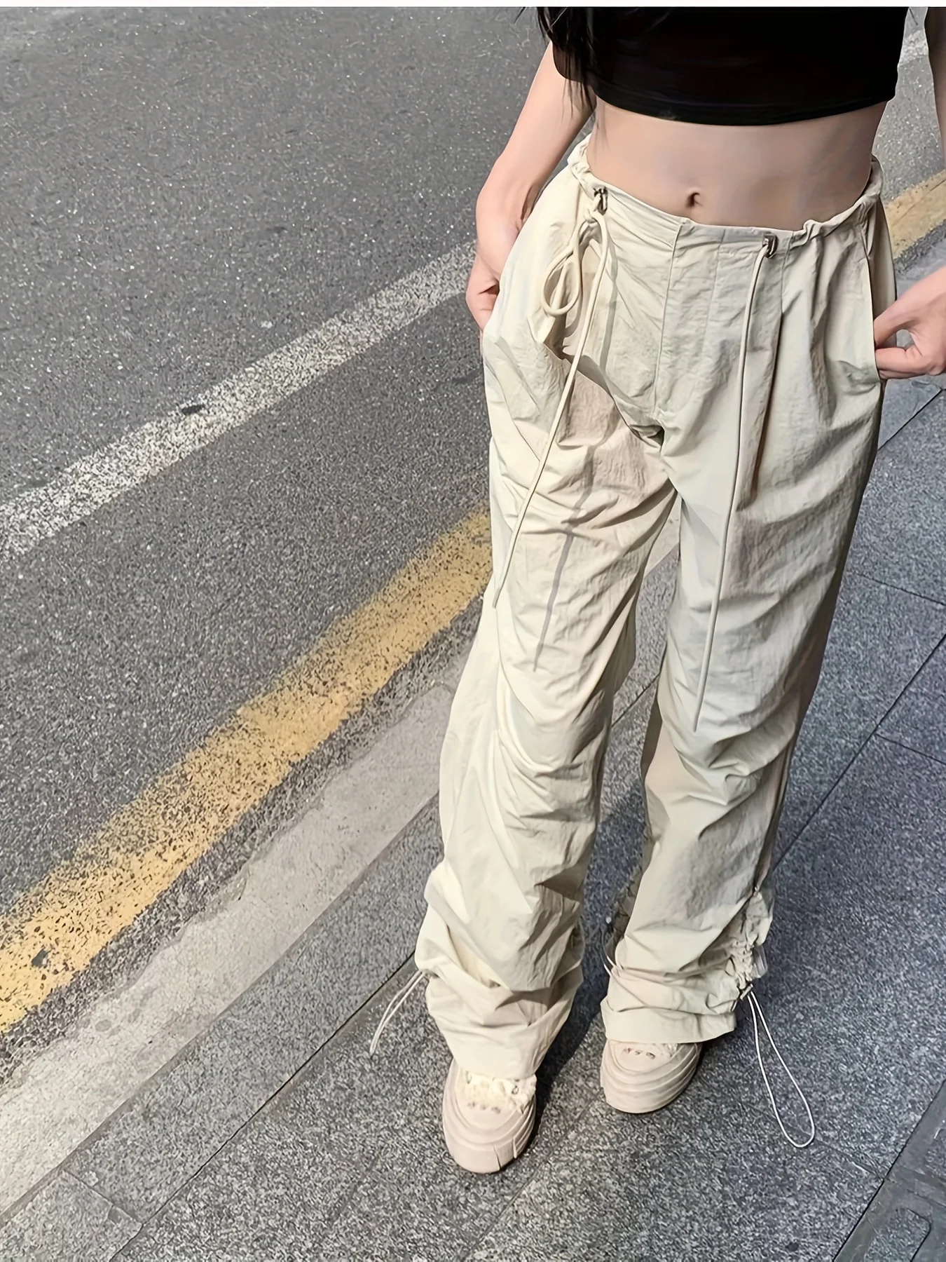 deanwangkt  Solid Drawstring Ruched Cargo Pants, Casual Baggy Streetwear Pants With Pocket, Women's Clothing - Deanwangkt