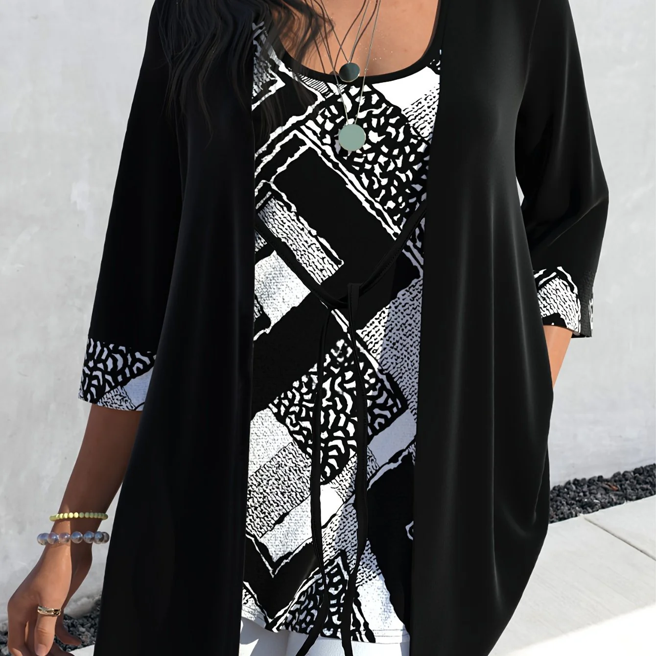 Plus Size Elegant Knit Top, Women's Plus Colorblock Random Print Faux Twinset Three Quarter Sleeve Round Neck Knit Top - Deanwangkt